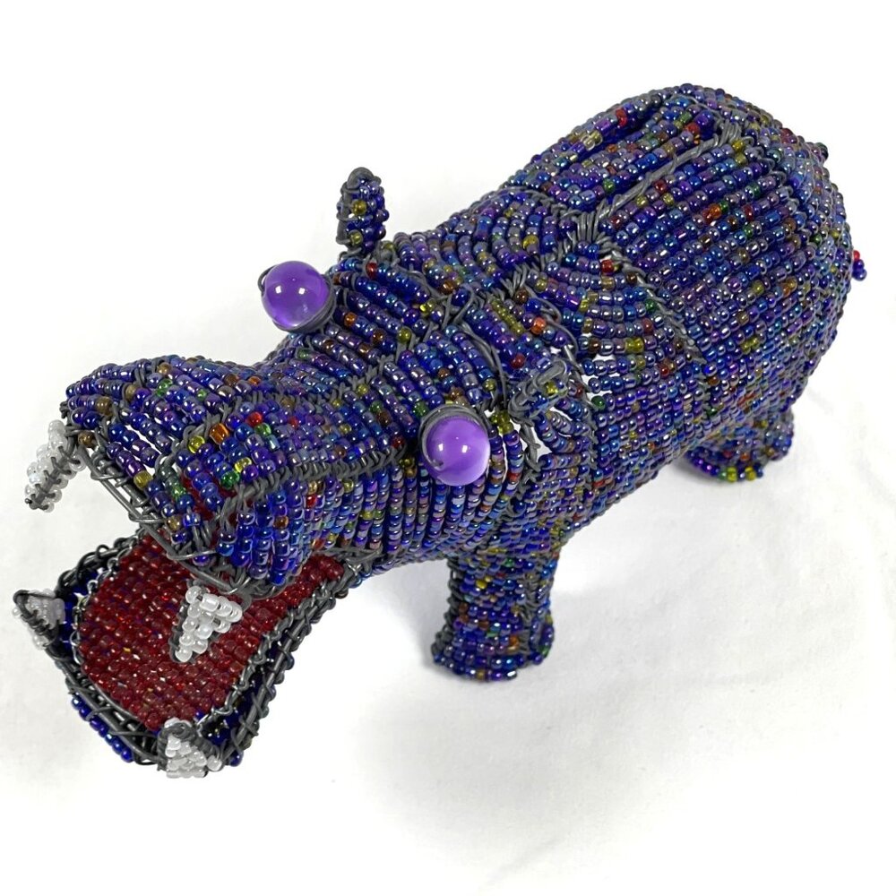 Handmade Hippopotamus Blue Red Glass Bead House Hippo South Africa Artisan VTG - Picture 5 of 12